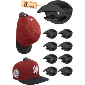 imageHOUSE DAY Adhesive Hat Hooks for Wall 8 Pack Strong Hat Rack for Baseball Cap Display Organizer Hats Holder for Wall Door Closet No Drilling BlackBlack
