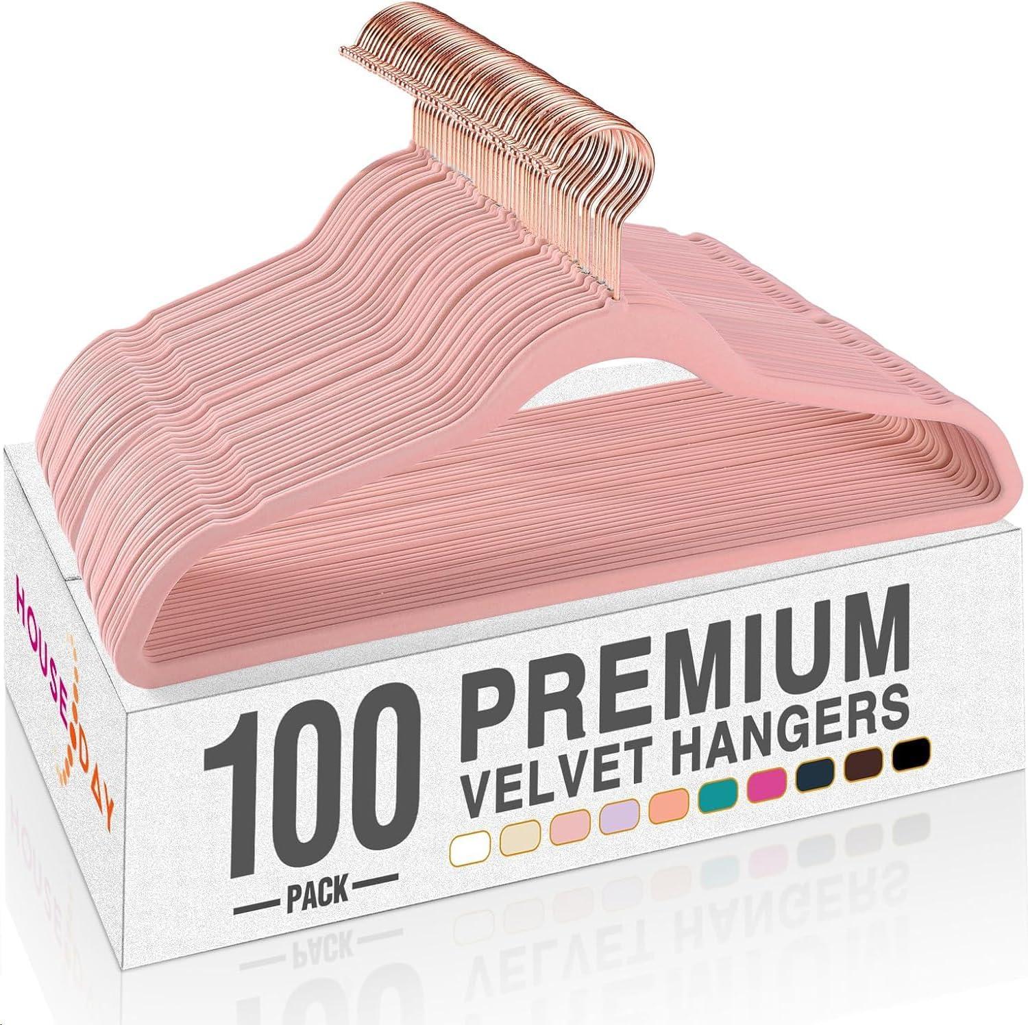 imageHOUSE DAY Pink Velvet Hangers 100 Pack Premium NonSlip Felt Clothes Hangers Sturdy Heavy Duty Coat Durable Hanger for Suits Space Saving with No Hanger Mark 360 Swivel Rotating Rose Gold HookPink