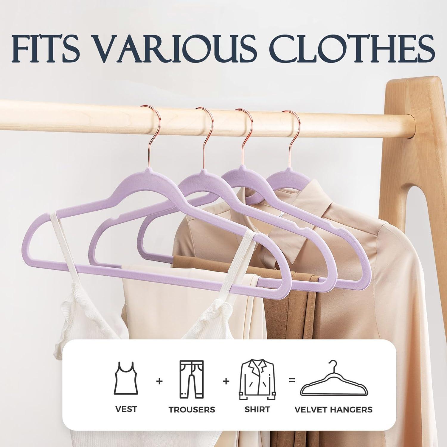 imageHOUSE DAY Pink Velvet Hangers 100 Pack Premium NonSlip Felt Clothes Hangers Sturdy Heavy Duty Coat Durable Hanger for Suits Space Saving with No Hanger Mark 360 Swivel Rotating Rose Gold HookLtpurple