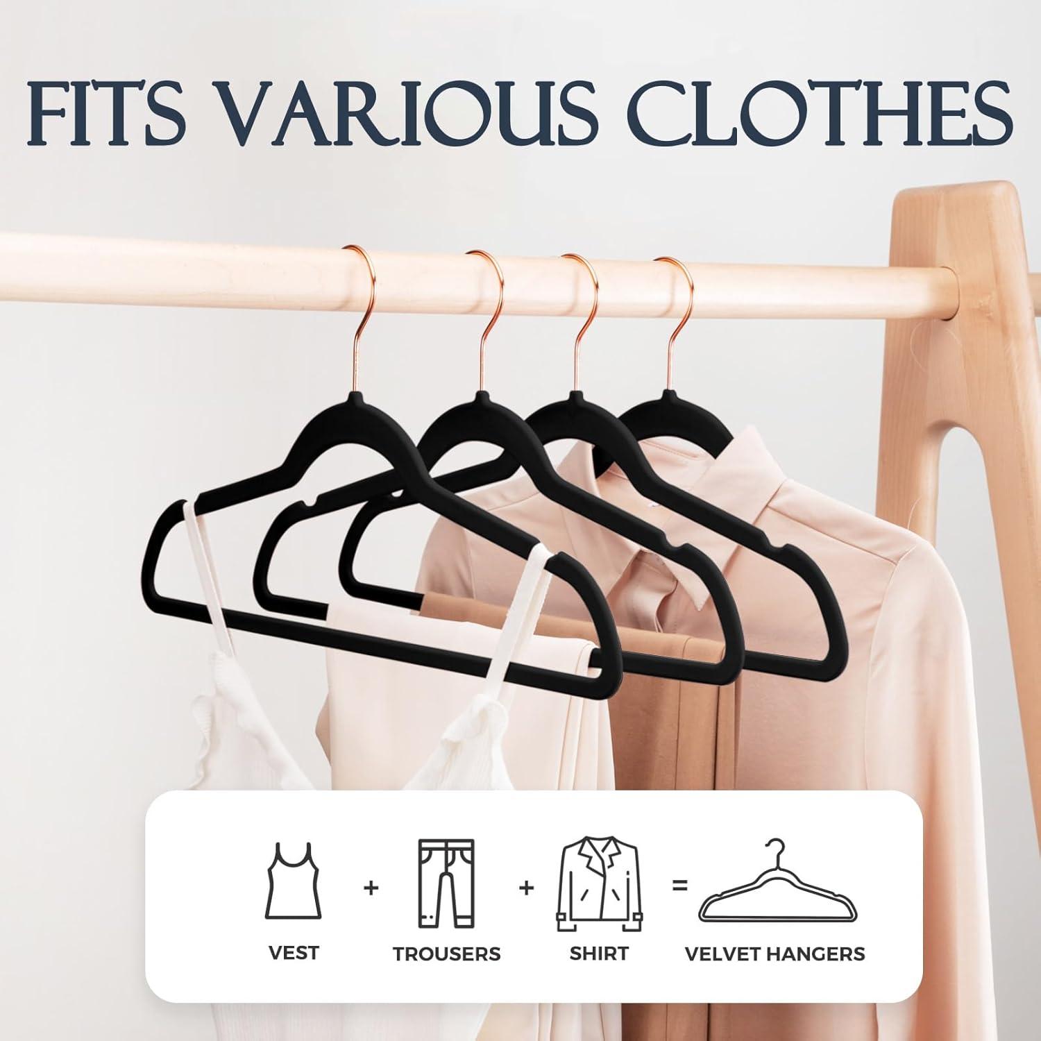imageHOUSE DAY Pink Velvet Hangers 100 Pack Premium NonSlip Felt Clothes Hangers Sturdy Heavy Duty Coat Durable Hanger for Suits Space Saving with No Hanger Mark 360 Swivel Rotating Rose Gold HookBlack