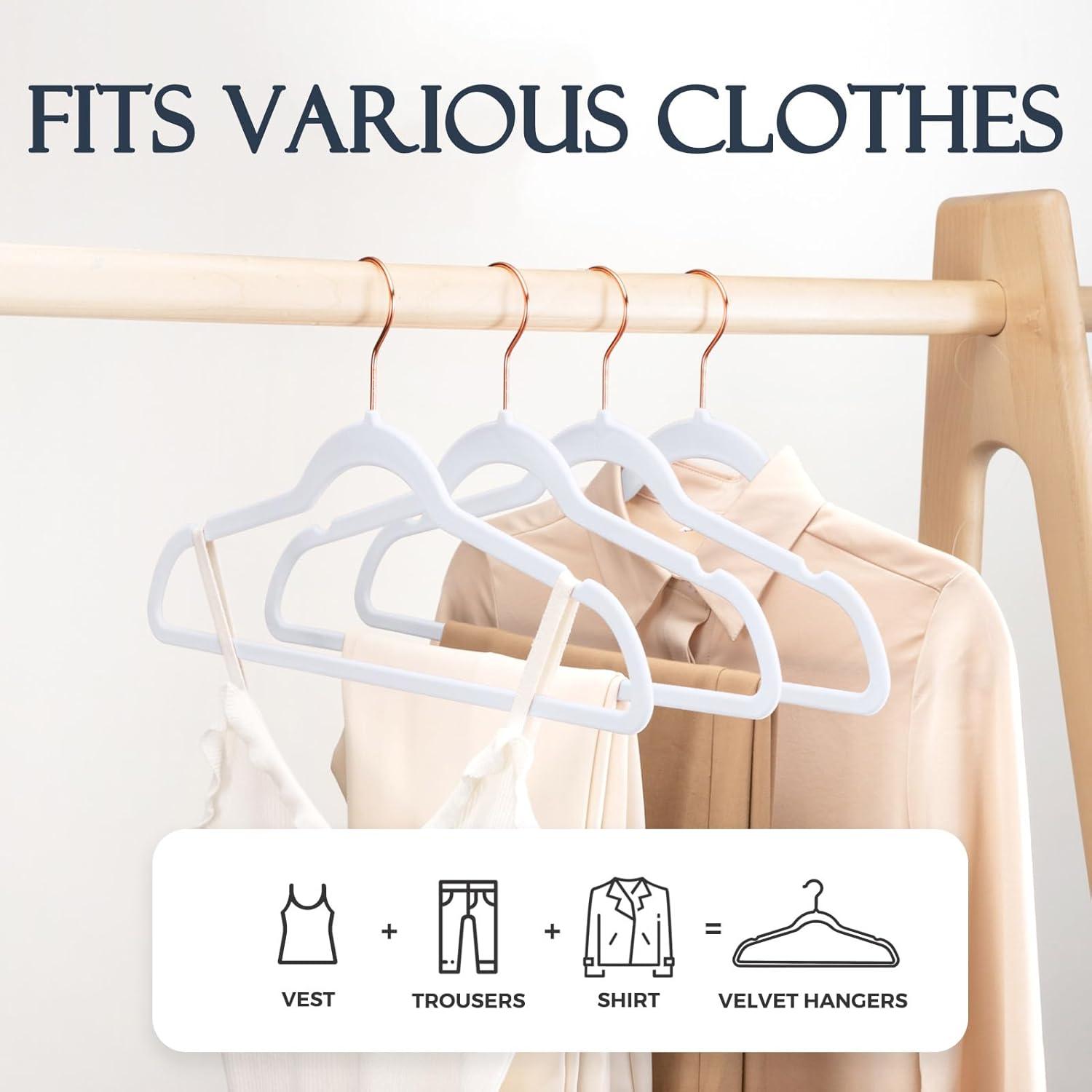 imageHOUSE DAY Pink Velvet Hangers 100 Pack Premium NonSlip Felt Clothes Hangers Sturdy Heavy Duty Coat Durable Hanger for Suits Space Saving with No Hanger Mark 360 Swivel Rotating Rose Gold HookWhite