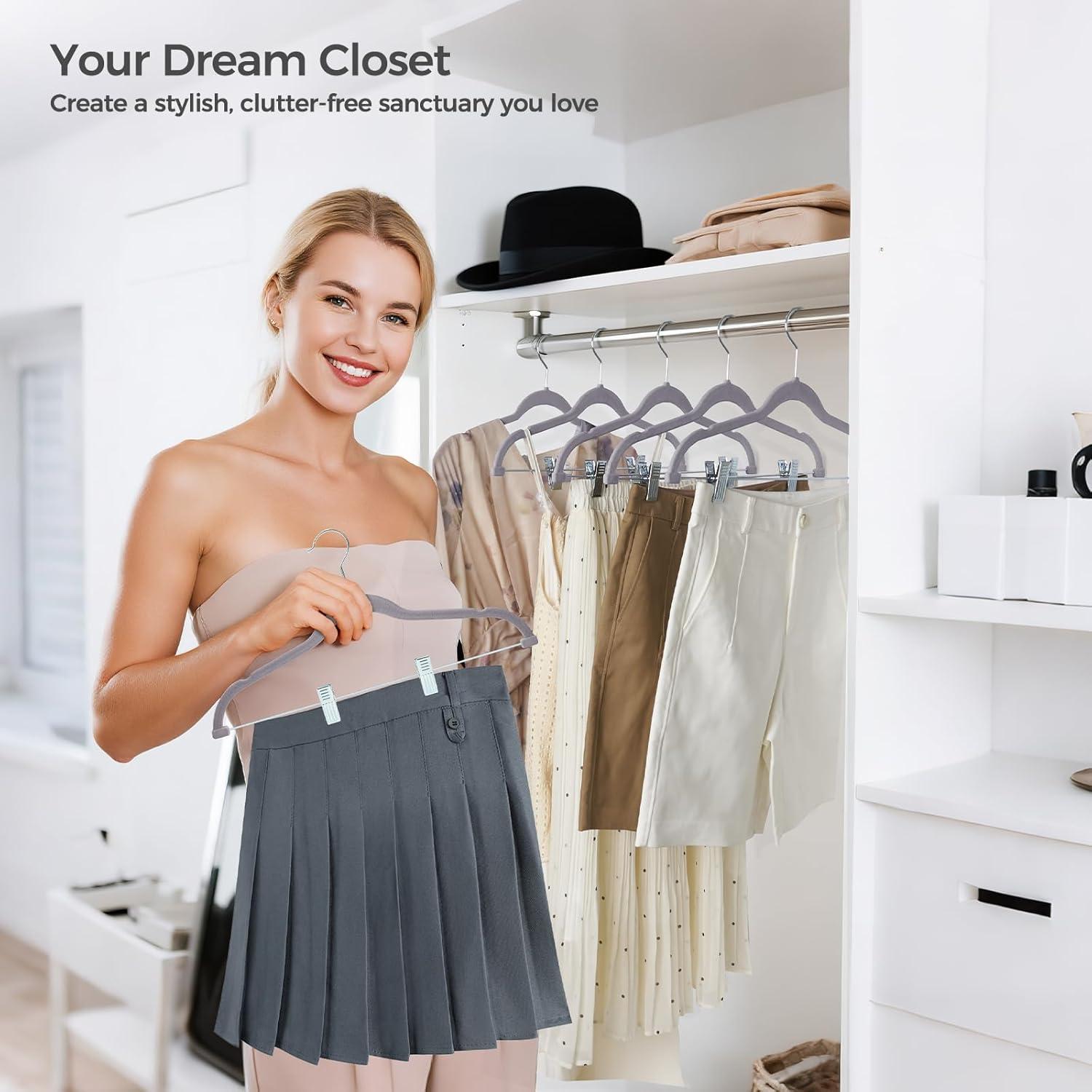 imageHOUSE DAY Velvet Hangers with Adjustable Clips 20 Pack NonSlip Suit Organizer with 360 Hook  Heavy Duty Hanger for Pants Skirts Blouses Dresses  Outfit Hangers AllSeason Space Saver IvoryGray