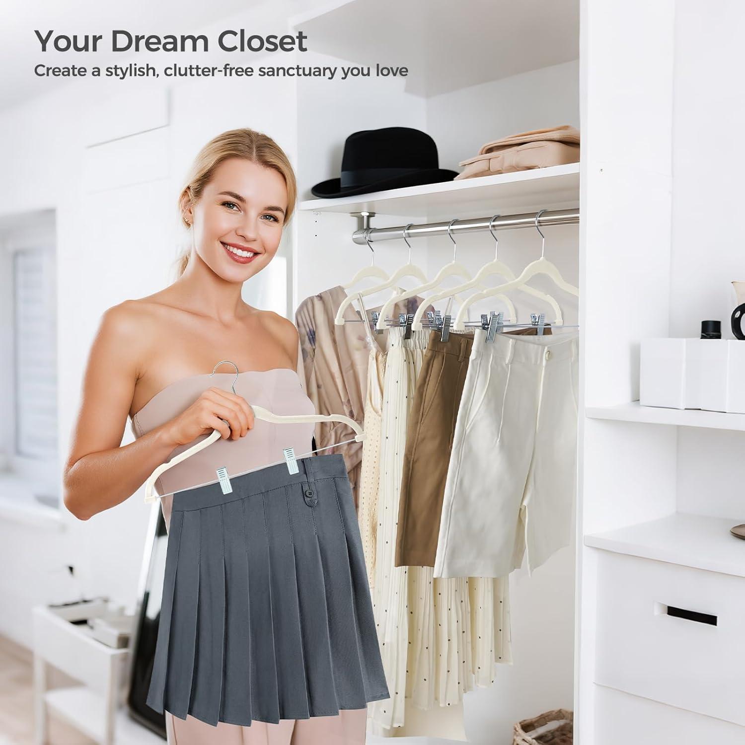 imageHOUSE DAY Velvet Hangers with Adjustable Clips 20 Pack NonSlip Suit Organizer with 360 Hook  Heavy Duty Hanger for Pants Skirts Blouses Dresses  Outfit Hangers AllSeason Space Saver IvoryIvory