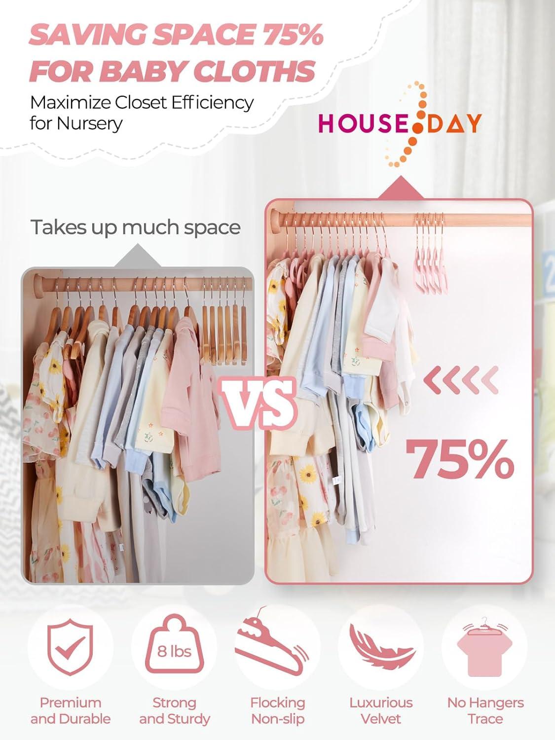 imageHOUSE DAY Premium Velvet Baby Hangers 60 Pack 114 Kids Velvet Hangers Sturdy Baby Hangers for Closet Pink Baby Clothes Hangers Toddler Hangers Infant Children Non Slip Hanger for Nursery Use