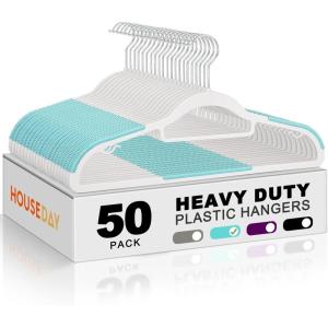 imageHOUSE DAY Plastic Hangers 100 Pack White Clothes Hangers with Non Slip Purple TPR Grip Heavy Duty Coat Hanger with 360 Swivel Hook Slim Hanger Space Saving for Closet Ideal for Shirt Suit PantWhiteblue