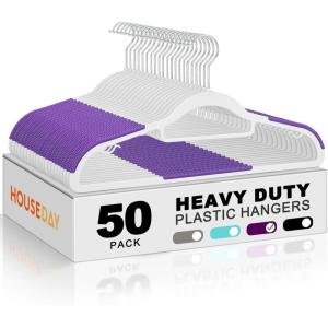 imageHOUSE DAY Plastic Hangers 100 Pack White Clothes Hangers with Non Slip Purple TPR Grip Heavy Duty Coat Hanger with 360 Swivel Hook Slim Hanger Space Saving for Closet Ideal for Shirt Suit PantWhitepurple