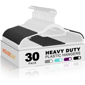 imageHOUSE DAY Plastic Hangers 100 Pack White Clothes Hangers with Non Slip Purple TPR Grip Heavy Duty Coat Hanger with 360 Swivel Hook Slim Hanger Space Saving for Closet Ideal for Shirt Suit PantWhiteblack