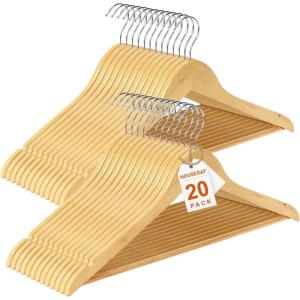 imageHOUSE DAY Premium Wooden Coat Hangers 30 Pack Heavy Duty Solid Wood Clothes Hangers with 360 Swivel Hook ampamp Pant Bar for Jackets Dress Shirts Natural Wood Suit Hanger for Closet Organizer20 Pack