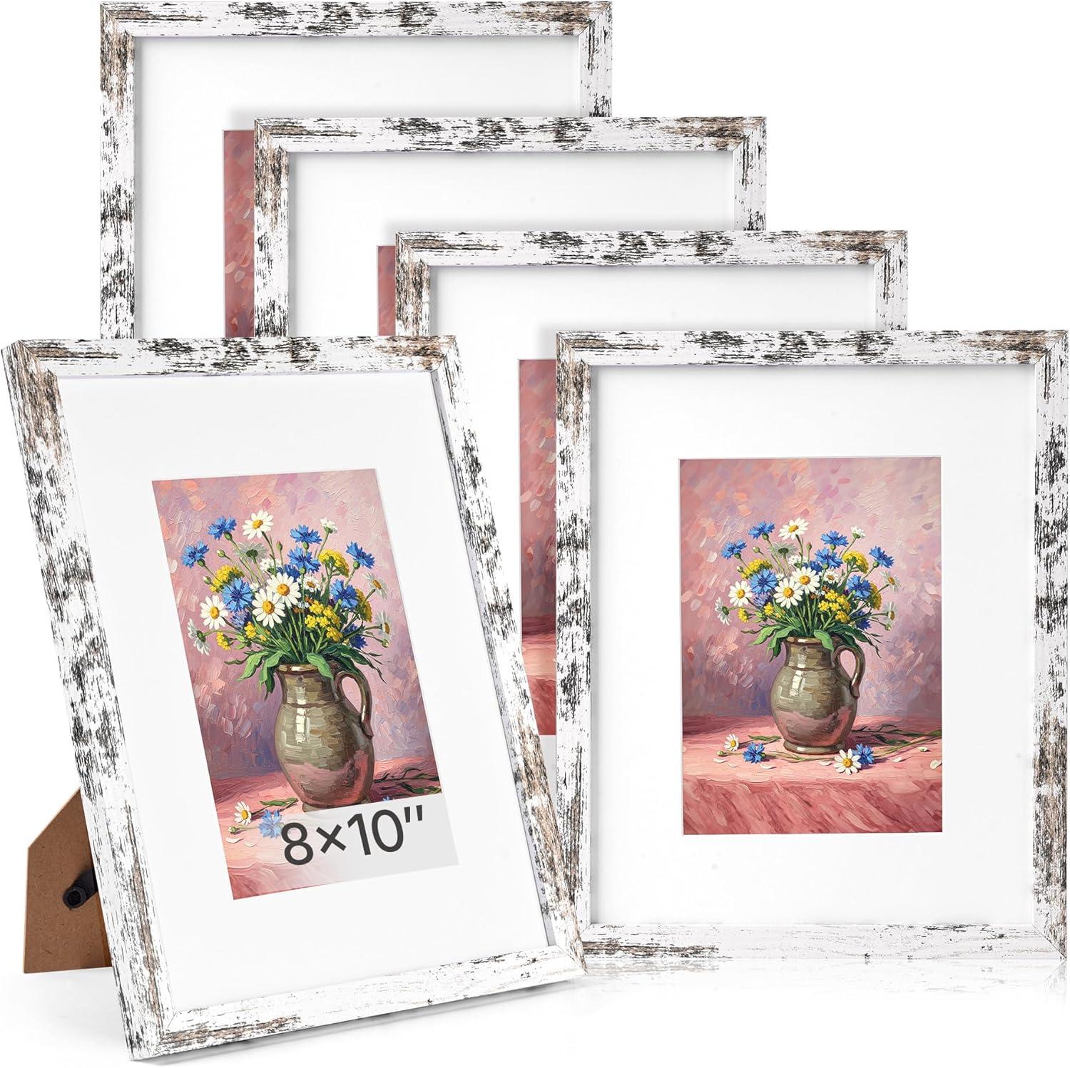 imageDistressed White 5x7 Picture Frame Picture Frames 5x7 Wooden Picture Frames with Real Glass Rustic 5 x 7 Photo Frame for Wall or Tabletop Display Picture 4x6 with Mat or 5x 7 Without Mat 5 PackDistressed White