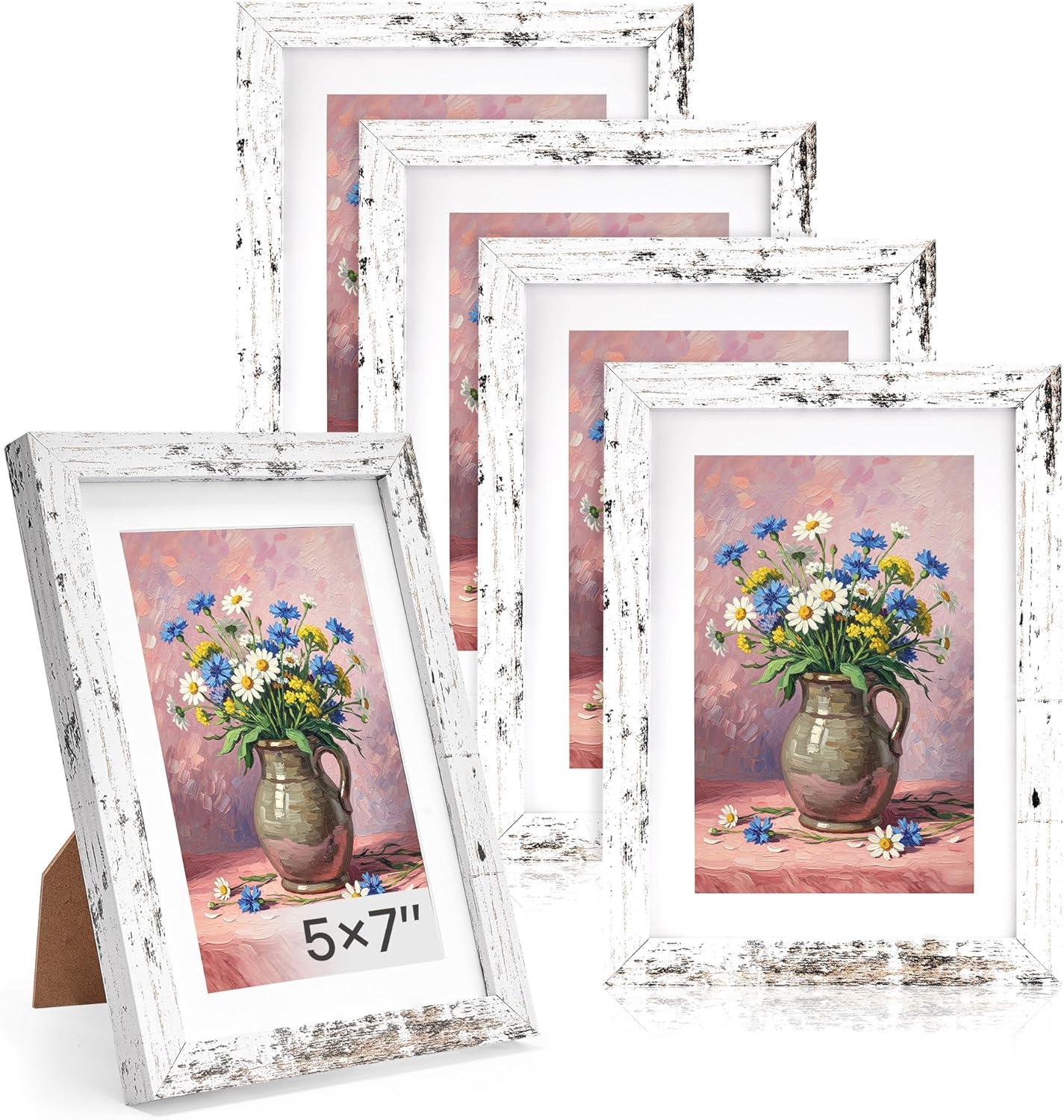 imageDistressed White 5x7 Picture Frame Picture Frames 5x7 Wooden Picture Frames with Real Glass Rustic 5 x 7 Photo Frame for Wall or Tabletop Display Picture 4x6 with Mat or 5x 7 Without Mat 5 PackDistressed White