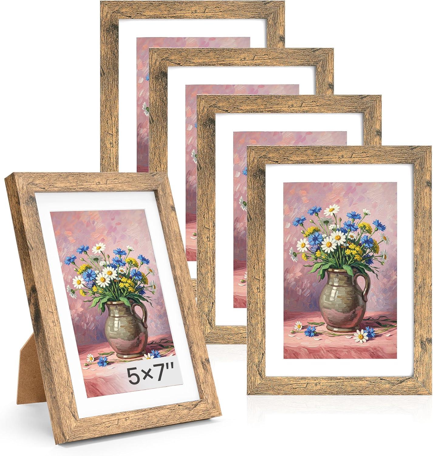 imageDistressed White 5x7 Picture Frame Picture Frames 5x7 Wooden Picture Frames with Real Glass Rustic 5 x 7 Photo Frame for Wall or Tabletop Display Picture 4x6 with Mat or 5x 7 Without Mat 5 PackRustic Brown