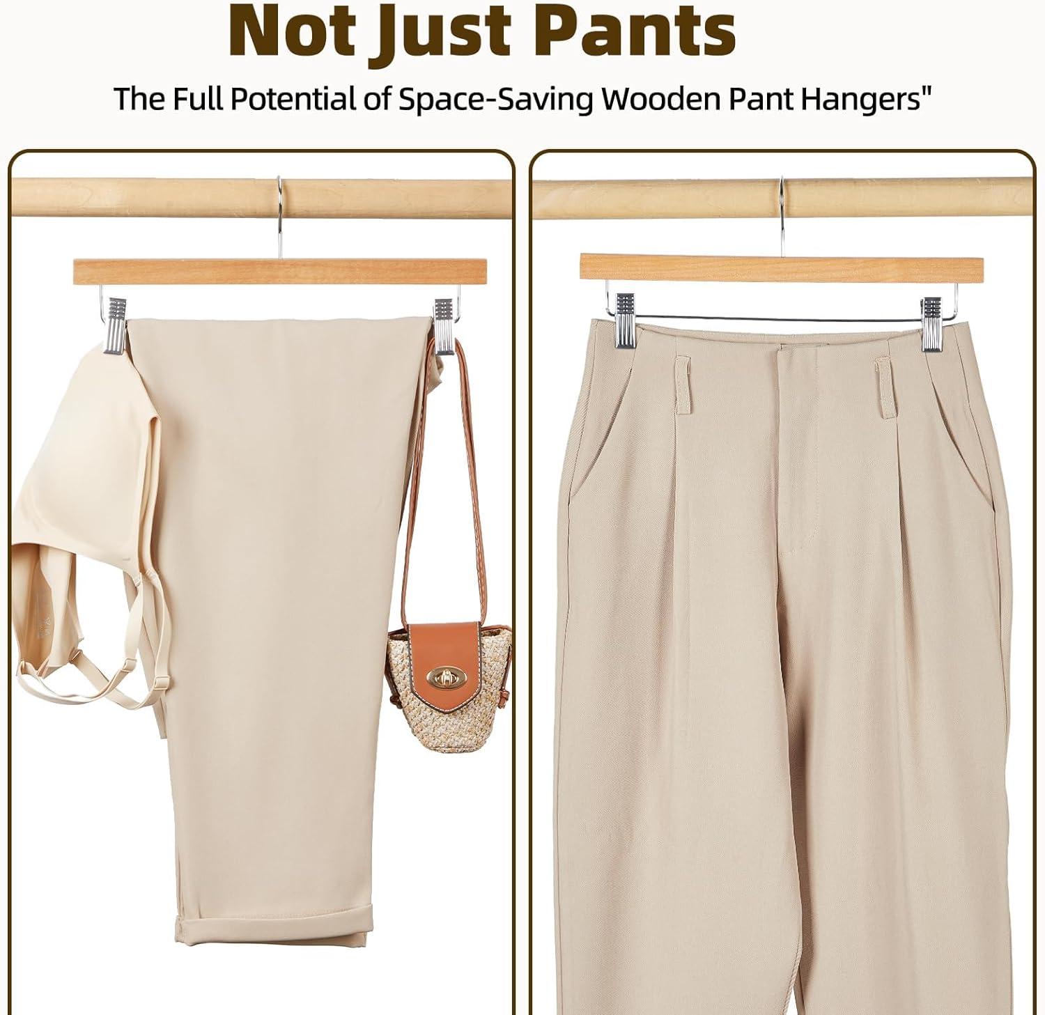 imageHOUSE DAY Premium Wooden Pants Hangers 50 Pack Solid Lotus Wood Skirt Hangers with 2Adjustable Clips Heavy Duty ampamp Anti Slip Wood Bottom Hanger for Slacks Jeans Trousers Shorts NaturalNatural