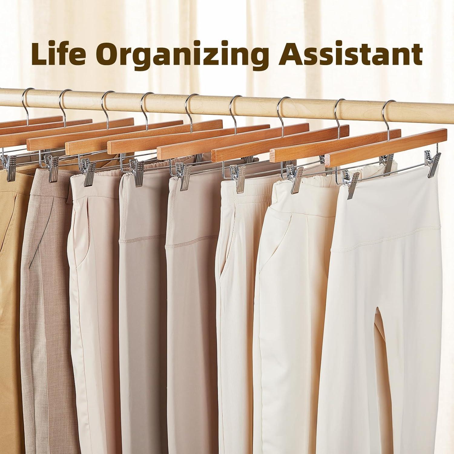 imageHOUSE DAY Premium Wooden Pants Hangers 50 Pack Solid Lotus Wood Skirt Hangers with 2Adjustable Clips Heavy Duty ampamp Anti Slip Wood Bottom Hanger for Slacks Jeans Trousers Shorts NaturalNatural