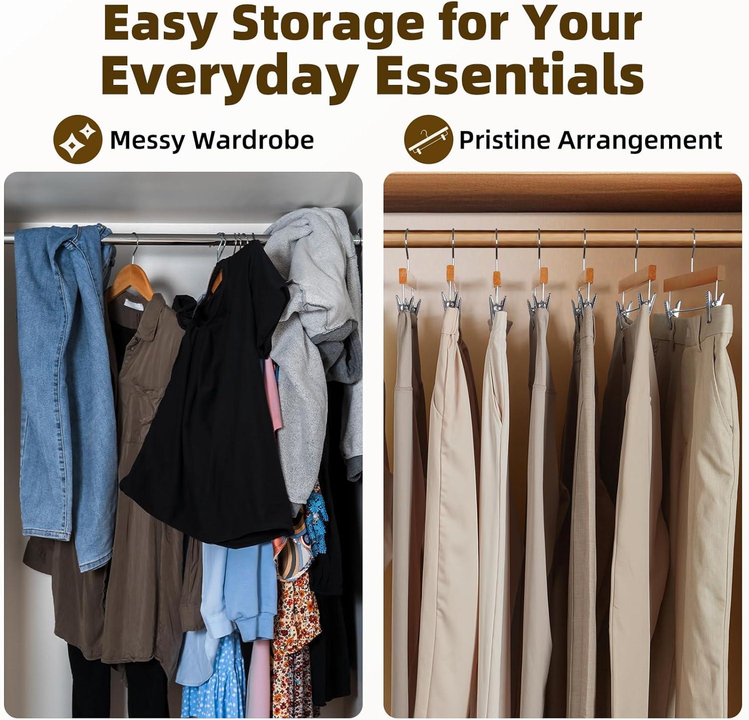 imageHOUSE DAY Premium Wooden Pants Hangers 50 Pack Solid Lotus Wood Skirt Hangers with 2Adjustable Clips Heavy Duty ampamp Anti Slip Wood Bottom Hanger for Slacks Jeans Trousers Shorts NaturalNatural