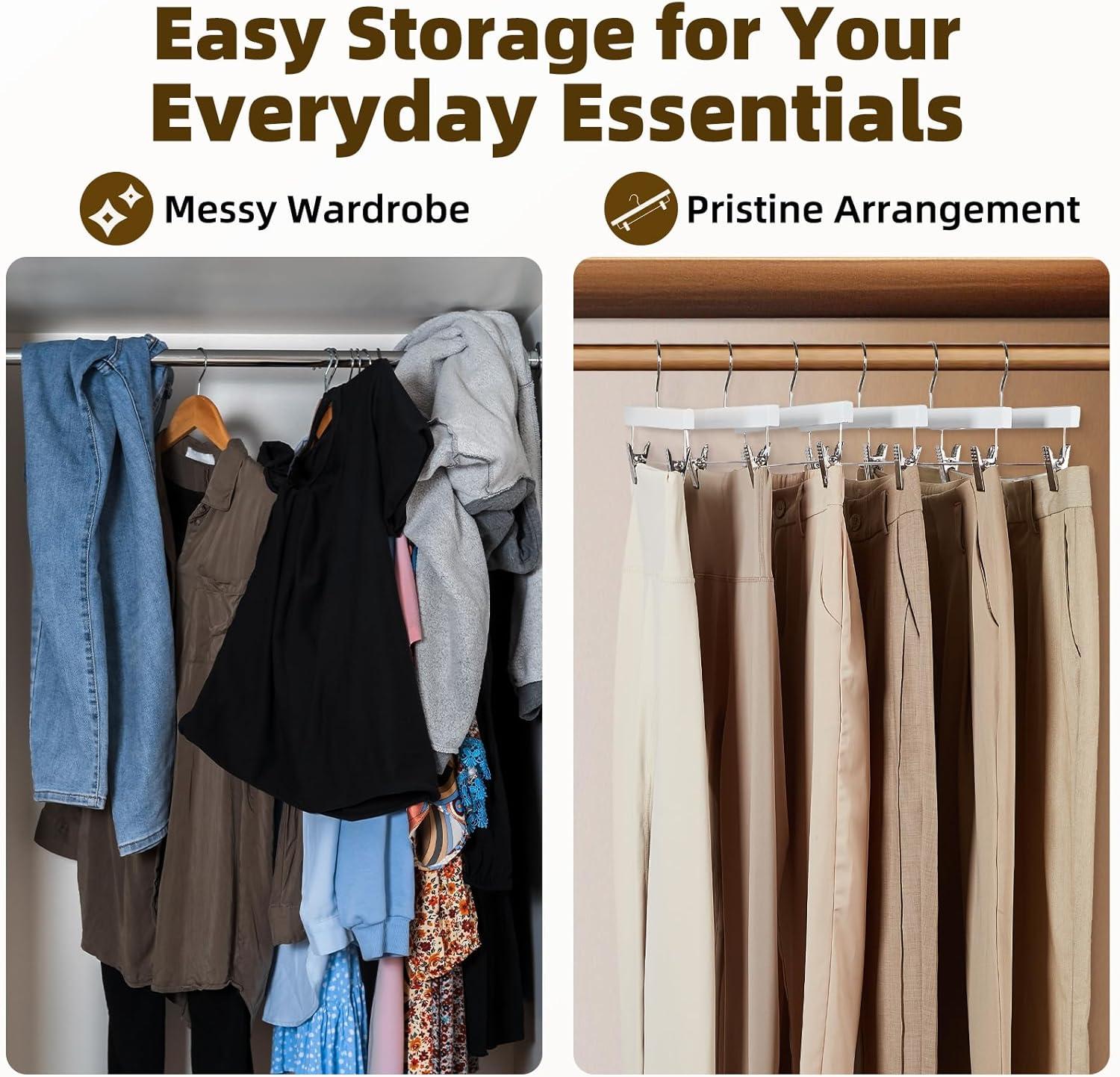 imageHOUSE DAY Premium Wooden Pants Hangers 50 Pack Solid Lotus Wood Skirt Hangers with 2Adjustable Clips Heavy Duty ampamp Anti Slip Wood Bottom Hanger for Slacks Jeans Trousers Shorts NaturalWhite