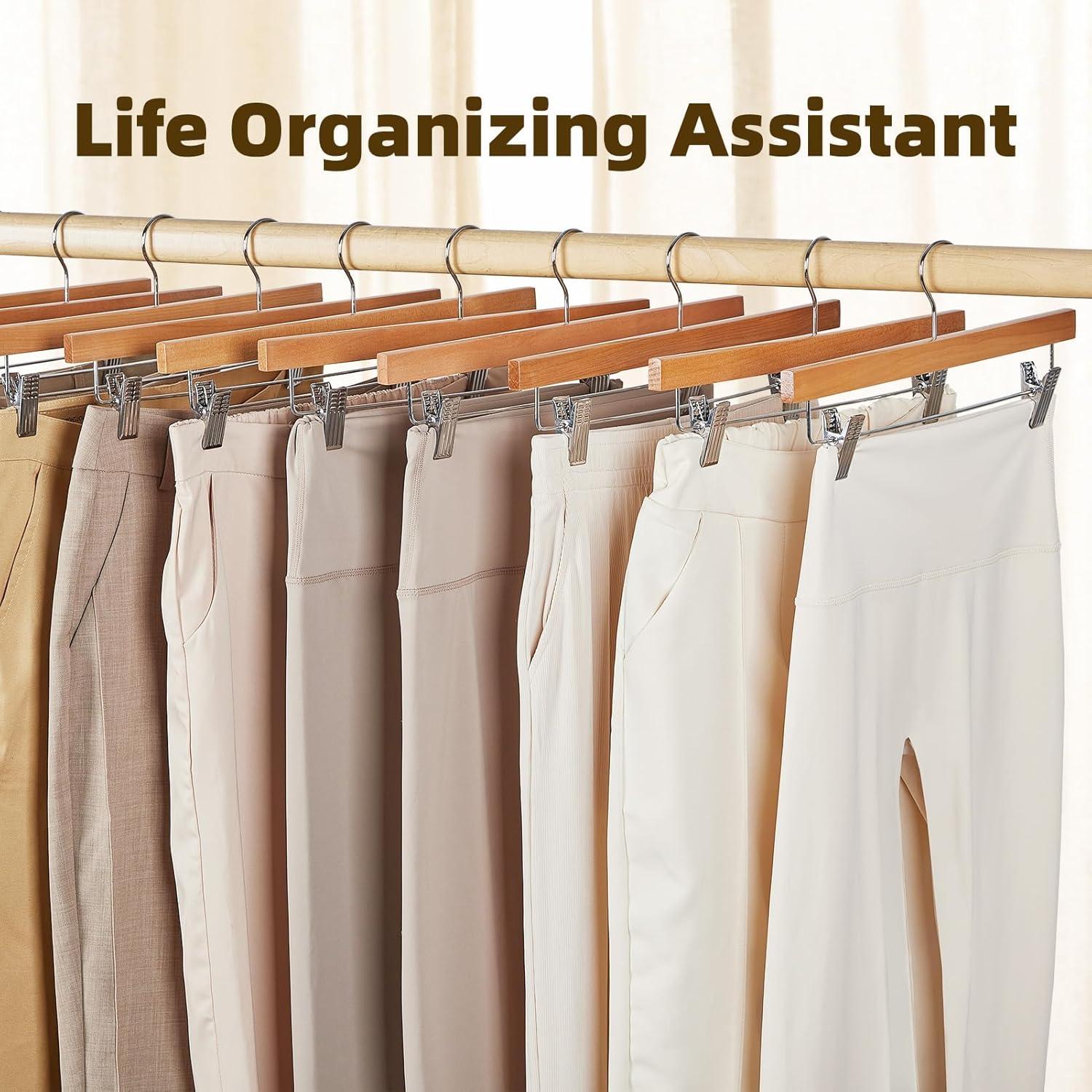 imageHOUSE DAY Premium Wooden Pants Hangers 50 Pack Solid Lotus Wood Skirt Hangers with 2Adjustable Clips Heavy Duty ampamp Anti Slip Wood Bottom Hanger for Slacks Jeans Trousers Shorts NaturalNatural