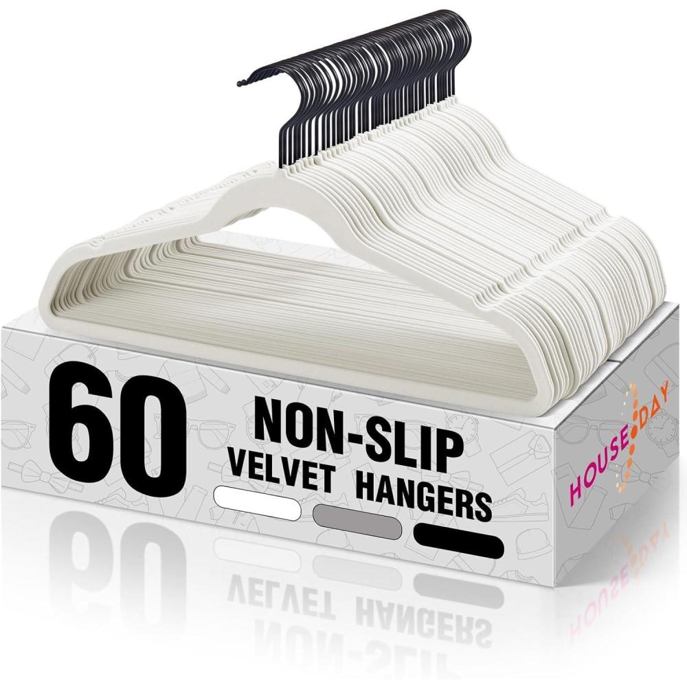 imageHOUSE DAY Black Velvet Hangers 120 Pack Non Slip Felt Hanger Slim Velvet Clothes Hangers for Suits Shirt Heavy Duty Coat Hanger for ClosetWhite