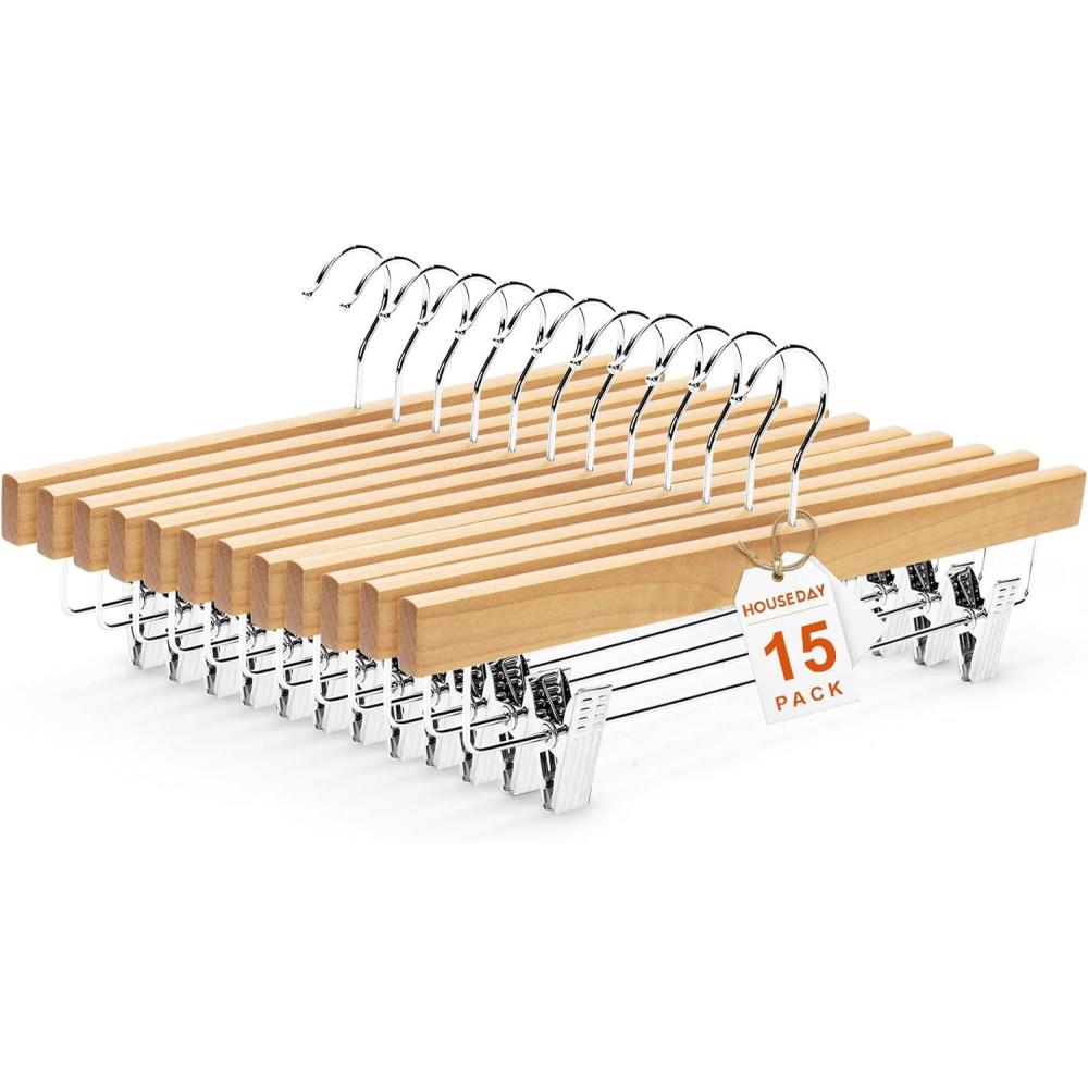 imageHOUSE DAY Premium Wooden Pants Hangers 50 Pack Solid Lotus Wood Skirt Hangers with 2Adjustable Clips Heavy Duty ampamp Anti Slip Wood Bottom Hanger for Slacks Jeans Trousers Shorts NaturalNatural