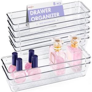 imageHOUSE DAY Desk Drawer Organizer Bins 8 PCS 932quot Clear Drawer Organizers with Silicone Pads Vanity Organizers and Storage Non Slip Plastic Drawer Organizer for Makeup Bathroom Kitchen Office8 Pack 9x3x2