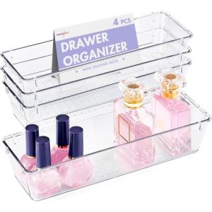 imageHOUSE DAY Desk Drawer Organizer Bins 8 PCS 932quot Clear Drawer Organizers with Silicone Pads Vanity Organizers and Storage Non Slip Plastic Drawer Organizer for Makeup Bathroom Kitchen Office4 Pack 9x3x2