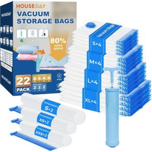 imageHOUSE DAY 22 Pack Vacuum Seal Bags For Clothing Travel Vacuum Bags With Electric Pump Vacuum Sealer Bag for Clothes Comforters Blankets Pillows Moving 4XL4L4M4S2S Roll2XS Roll2XXS Roll22 Combo