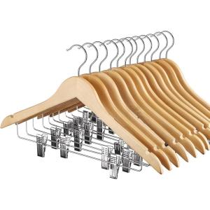 imageHOUSE DAY Wooden Hangers with Clips 48 PackWooden Suit Hangers Skirt Hangers Solid Wood Pants Hangers Natural Smooth Finish Wood Hangers with Durable Metal Clips for Blouse Dress Coat JacketNatural