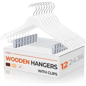 imageHOUSE DAY Wooden Hangers with Clips 48 PackWooden Suit Hangers Skirt Hangers Solid Wood Pants Hangers Natural Smooth Finish Wood Hangers with Durable Metal Clips for Blouse Dress Coat JacketWhite