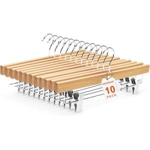 imageHOUSE DAY Premium Wooden Pants Skirts Hangers Solid Wood Trousers Bottom Hanger with 2Adjustable Clips Clip Hangers for Slacks Jeans Shorts White Pack of 50Natural