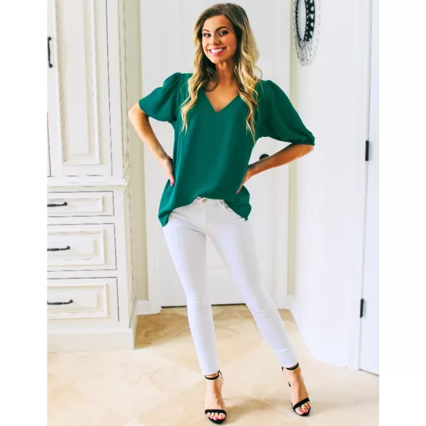 GRAPENT Business Casual Tops for Women Work Blouses Dressy Short Puff Sleeve Office Pleated V Neck Trendy Summer BlouseAlpine Green