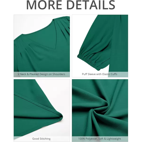 GRAPENT Business Casual Tops for Women Work Blouses Dressy Short Puff Sleeve Office Pleated V Neck Trendy Summer BlouseAlpine Green