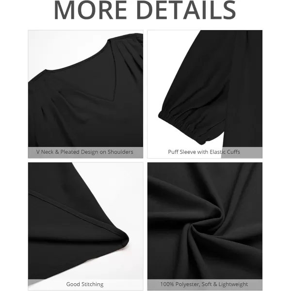 GRAPENT Business Casual Tops for Women Work Blouses Dressy Short Puff Sleeve Office Pleated V Neck Trendy Summer BlouseBlack