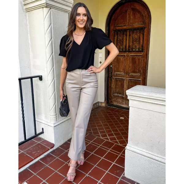 GRAPENT Business Casual Tops for Women Work Blouses Dressy Short Puff Sleeve Office Pleated V Neck Trendy Summer BlouseBlack