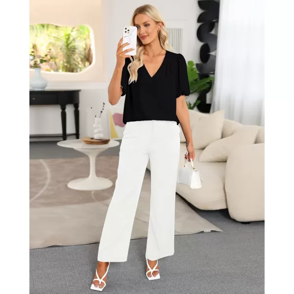 GRAPENT Business Casual Tops for Women Work Blouses Dressy Short Puff Sleeve Office Pleated V Neck Trendy Summer BlouseBlack
