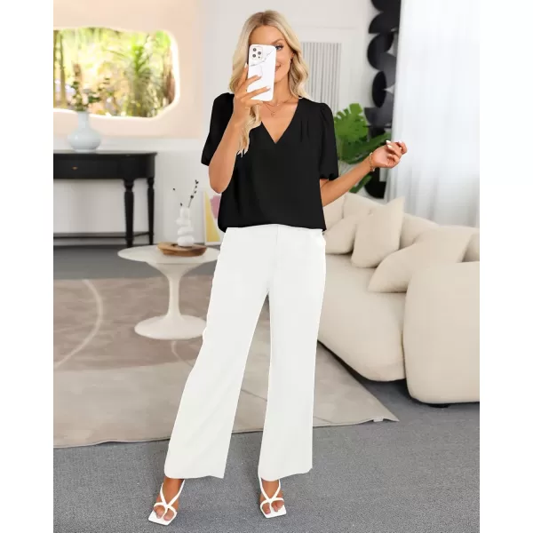 GRAPENT Business Casual Tops for Women Work Blouses Dressy Short Puff Sleeve Office Pleated V Neck Trendy Summer BlouseBlack