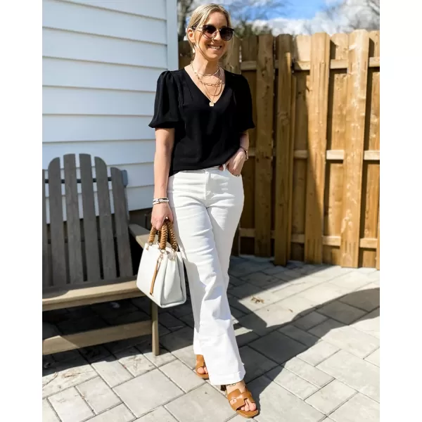 GRAPENT Business Casual Tops for Women Work Blouses Dressy Short Puff Sleeve Office Pleated V Neck Trendy Summer BlouseBlack