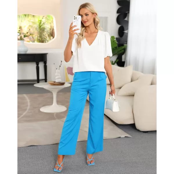GRAPENT Business Casual Tops for Women Work Blouses Dressy Short Puff Sleeve Office Pleated V Neck Trendy Summer BlouseBrilliant White