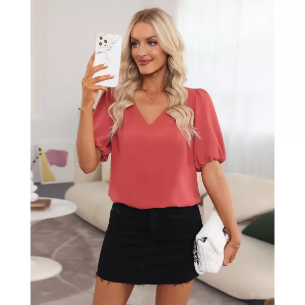 GRAPENT Business Casual Tops for Women Work Blouses Dressy Short Puff Sleeve Office Pleated V Neck Trendy Summer BlouseCranberry