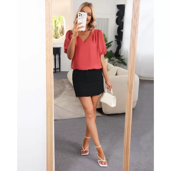 GRAPENT Business Casual Tops for Women Work Blouses Dressy Short Puff Sleeve Office Pleated V Neck Trendy Summer BlouseCranberry