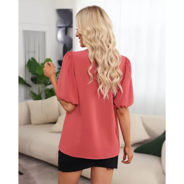 GRAPENT Business Casual Tops for Women Work Blouses Dressy Short Puff Sleeve Office Pleated V Neck Trendy Summer BlouseCranberry