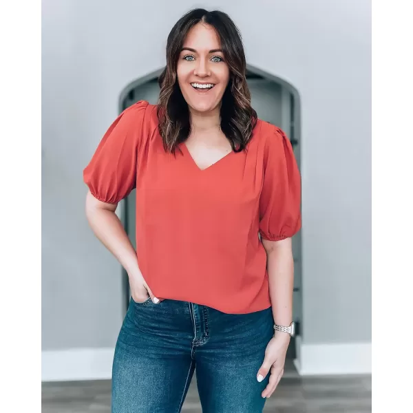 GRAPENT Business Casual Tops for Women Work Blouses Dressy Short Puff Sleeve Office Pleated V Neck Trendy Summer BlouseCranberry