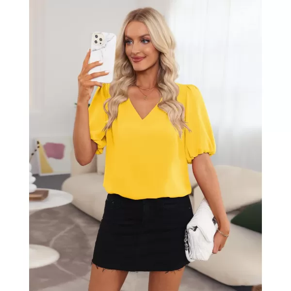 GRAPENT Business Casual Tops for Women Work Blouses Dressy Short Puff Sleeve Office Pleated V Neck Trendy Summer BlouseCyber Yellow