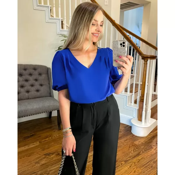 GRAPENT Business Casual Tops for Women Work Blouses Dressy Short Puff Sleeve Office Pleated V Neck Trendy Summer BlouseLapis Blue