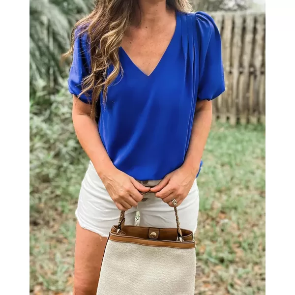 GRAPENT Business Casual Tops for Women Work Blouses Dressy Short Puff Sleeve Office Pleated V Neck Trendy Summer BlouseLapis Blue