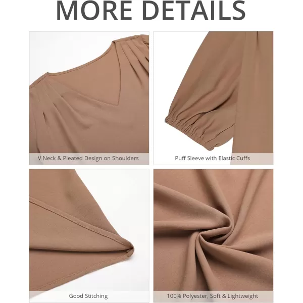 GRAPENT Business Casual Tops for Women Work Blouses Dressy Short Puff Sleeve Office Pleated V Neck Trendy Summer BlousePecan Brown