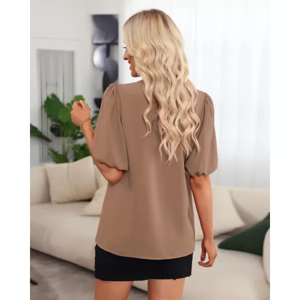GRAPENT Business Casual Tops for Women Work Blouses Dressy Short Puff Sleeve Office Pleated V Neck Trendy Summer BlousePecan Brown
