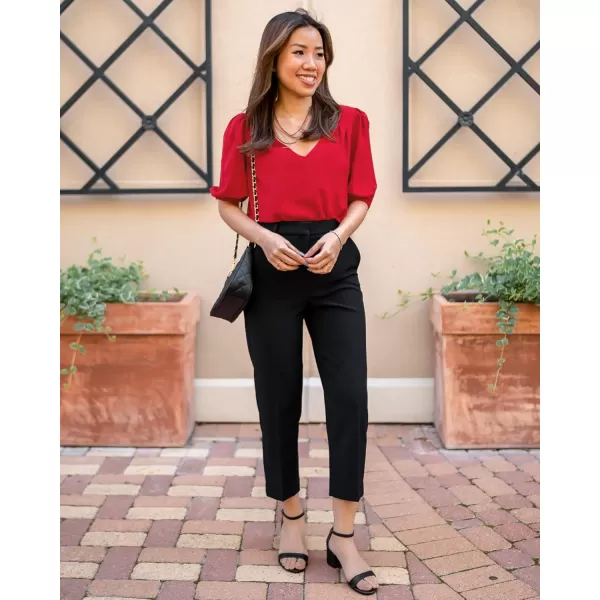 GRAPENT Business Casual Tops for Women Work Blouses Dressy Short Puff Sleeve Office Pleated V Neck Trendy Summer BlouseTrue Red
