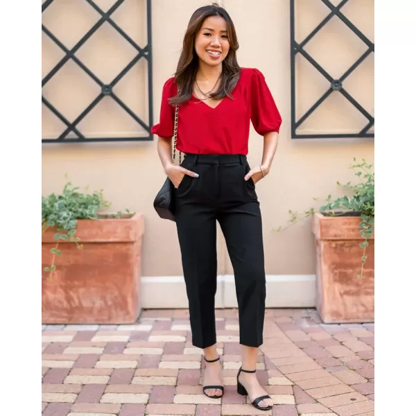 GRAPENT Business Casual Tops for Women Work Blouses Dressy Short Puff Sleeve Office Pleated V Neck Trendy Summer BlouseTrue Red