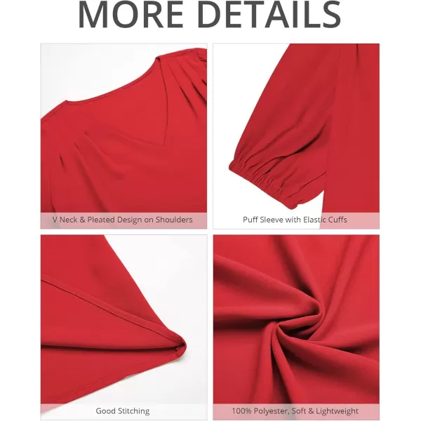 GRAPENT Business Casual Tops for Women Work Blouses Dressy Short Puff Sleeve Office Pleated V Neck Trendy Summer BlouseTrue Red