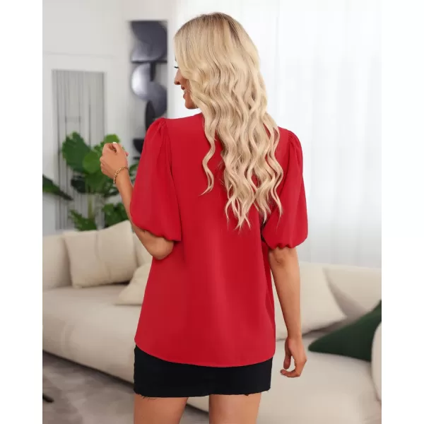 GRAPENT Business Casual Tops for Women Work Blouses Dressy Short Puff Sleeve Office Pleated V Neck Trendy Summer BlouseTrue Red