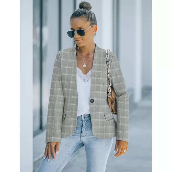 GRAPENT Womens Business Casual Pockets Work Office Blazer Back Slit Jacket SuitA Grey Plaid